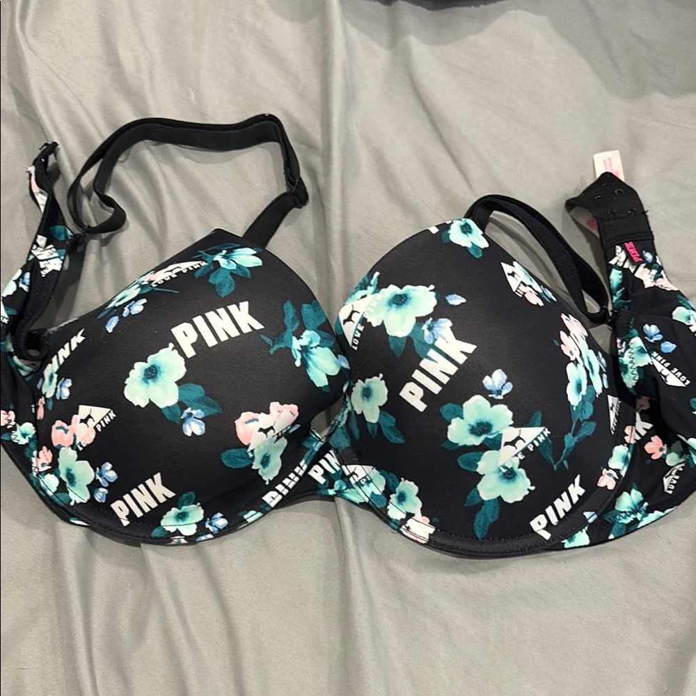 PINK Victoria's Secret Black and Green Floral Bra